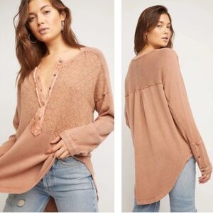 Free People Free Spirit Henley Top Embroidered Button Oversized Tunic size small